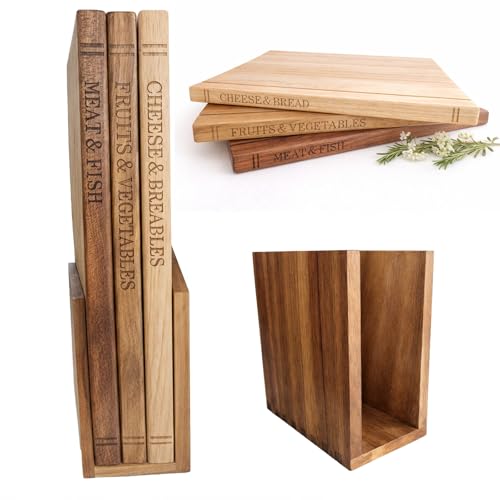 Taglieri in Legno Massello a Forma di Libro 33×25,5×2 cm per Carne Verdure Formaggio, Set di 3 Taglieri in Legno per Cucina Design Libro, Taglieri Antiscivolo con Supporto