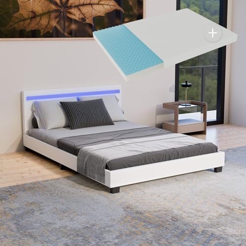 Juskys Polsterbett Paris 140x200 cm mit LED Beleuchtung, Matratze,...