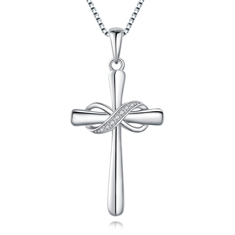 Infinity Cross Necklace for Women 925 Sterling Silver Danity Cross Pendant Necklace Christian Jewelry Baptism Gift 18''+2'' Chain