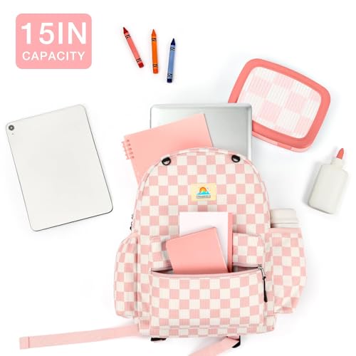 Image of STEAMEDBUN Corduroy Kids Backpack for Girls and Boys 5-8: Girls Backpack for Elementary Kindergarten - 15 inch Cute Backpacks for Kids - Checkerboard