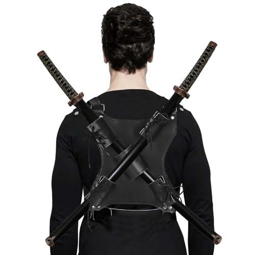 mumisuto Ninja Sword Back Holster, Sword Bag Sword Back Sheath Adjustable Leather Double Sword Holder Back Durable Strap Sword Carrying Bag Case for Cosplay Anime Costume