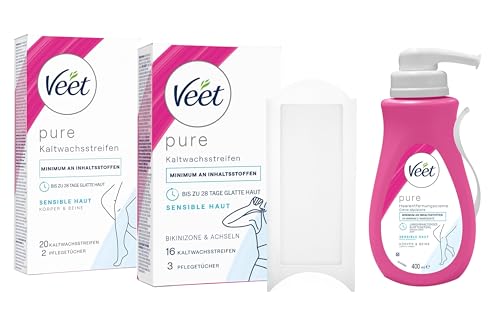 Veet Haarentfernungs-Set für sensible Haut - Bundle mit Enthaarungscreme & Kaltwachsstreifen für den Körper, Achseln, Bikinizone & Gesicht - 3 Artikel
