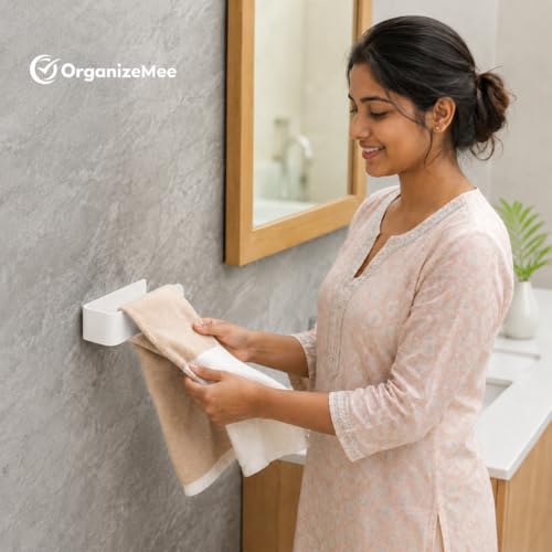 Image of OrganizeMee (Self Adhesive) Napkin & Towel Holder for Hand Basin Towels, Washbasin Bathroom Hanger, Kitchen Sink Napkin Holder Accessories Rack Stand Without Drilling Cloth Hangers (White)
