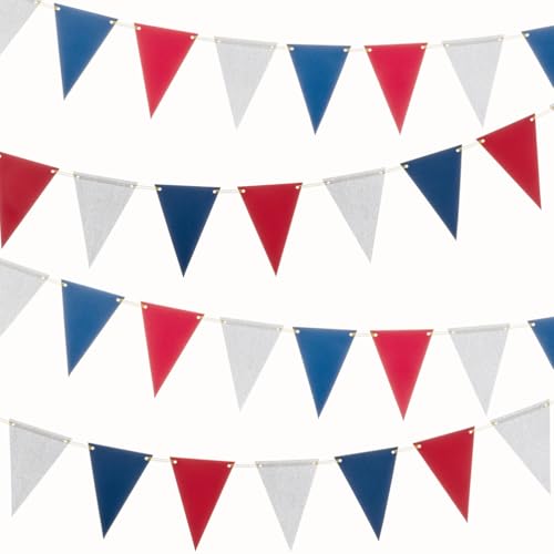 Image of MOWO Silver Blue and Red Pennant Banner Paper Bunting, 30pc, 20 feet | 4th July Independence Day Birthday Graduation Retirement Party Hanging Decoration, Pack of 30 Counts Pennant, 20 feet