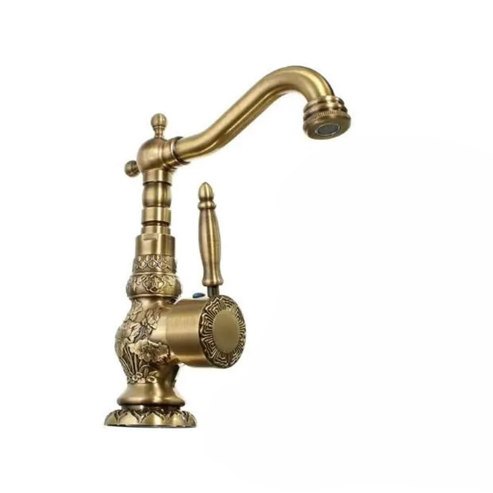 Blyqxs Antique Basin Faucets Brass Bathroom Faucet, Basin Carving Tap 360 Rotate Single Handle Hot And Cold Water Mixer Taps Xt940(,Short)