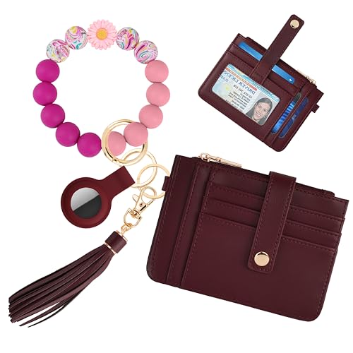 Image of Wristlet Wallet for Women, Keychain Wallet with AirTag Holder | 9 card slots,ID window & zipper pocket,RFID,beaded wrist strap and compact design for travel,shopping and daily carry.
