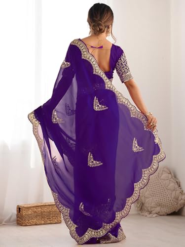 Image of Satrani Women's Tissue Silk Sequin Embroidery Scalloped Border Saree with Unstitched Blouse Piece