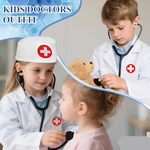 Kostium lekarza dla dzieci, 4 opakowania dla dzieci, zestaw lekarza biały płaszcz laboratoryjny z kapeluszem stetoskopowy uchwyt na kartę roboczą akcesoria medyczne zestaw do zabawy dla chłopców