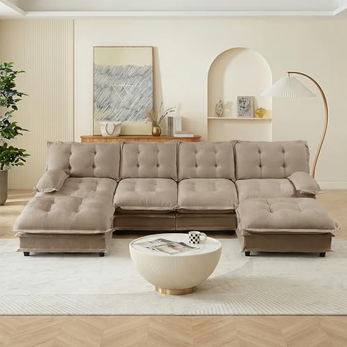 Image of 139 inch Sectional Sleeper Sofa with Ottoman, U Shaped Modular Deep Seat Couches for Living Room Apartment, Flexible Module Combination Cloud Sofa with Spring Support, Easy Assembly, Coffee