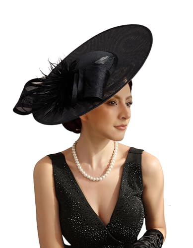 Unpifolov Fascinators Hats Elegant Women Flower Mesh Feathers Headband Wedding Cocktail Bride Party Wide Brim Headwear for Derby Hat Tea Party M20 Black