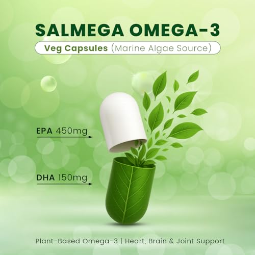Image of Salmega Veg Omega 3 Algal Oil Capsules - 1600mg Marine Algae Omega (450mg EPA & 150mg DHA) | Plant Based Omega 3 Supplement | Vegetarian DHA for Heart, Brain, Joint & Immunity Support | 60 Veg Capsules