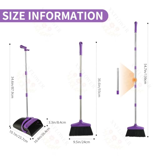 Image of Broom and Dustpan Set with Long Handle, Light Weight Stainless Steel Poles Stand Upright Dustpans with Broom Combo for Home Kitchen Office Pet Dog Hair, 1-Pack (Purple)