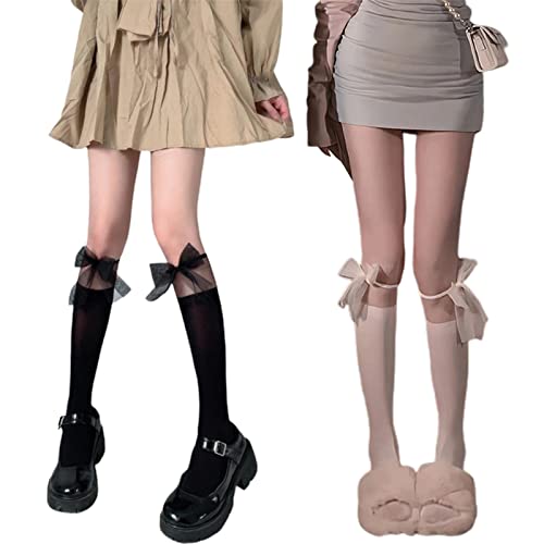 Fashion Hot Girls Mid-calf Socks Stitching Designed Bowknot Decor Girls Dress Under Knee Stocking Calf Socks2
