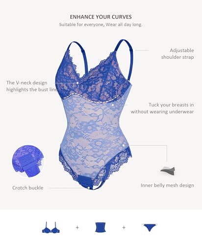 Image of FeelinGirl Shapewear Bodysuits for Women Lace Shapewear Tummy Control V-Neck Sleeveless Bodysuit Tops Jumpsuit