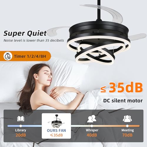 Retractable Ceiling Fan, 42 Inch Chandelier Ceiling Fans with Light, Modern Fandelier Ceiling Fan for Bedroom Living Room Dinning Room, Reverse Motor, 3 Color Temperature, 6 Wind Speed, Black by Fanyamei - Used condition - Image 7