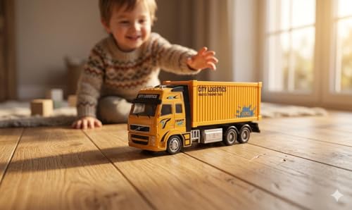 Image of City Logistics Toy Transport Truck - Yellow Container Semi-Truck with Friction Power - Large 1:48 Scale Die-Cast Hauler for Boys & Girls - Realistic Cargo Rig Vehicle for Toddlers and Kids Ages 3+