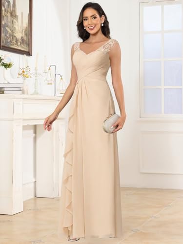 VGZ V Neck Mother of The Bride Dresses Chiffon Lace Ruched Bridesmaid Dress Ruffle Long Slit Formal Gown4
