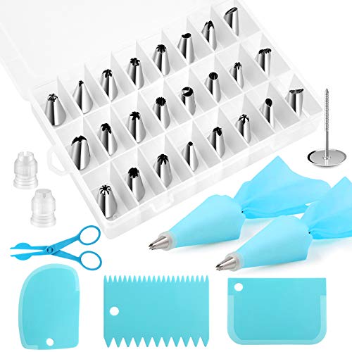 Kincown [NEW UPGRADED]33pcs Cake Decorating Tools Kit,Baking Supplies Set,Piping Tips and Bag Set with 24 Stainless Steel Icing Piping Tips,3 Scrapers,2 Couplers,2 Bags,1 Flower Nail,1 Flower Scissors