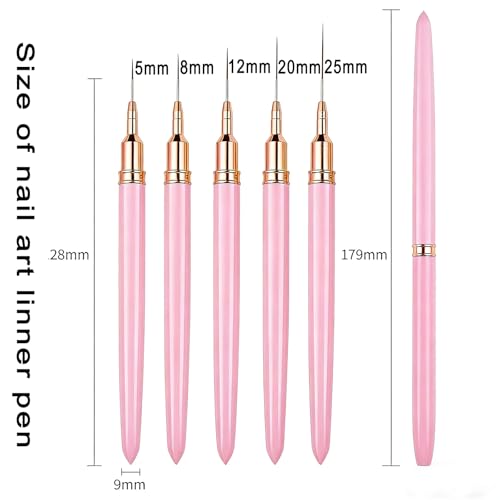 Nail Art Pens Set, Liner Brushes, Nail Art Brushes Tools For Long Lines, Thin Details, Fine Drawing, Liner Brush Polish Painting Nail Design (Pink)