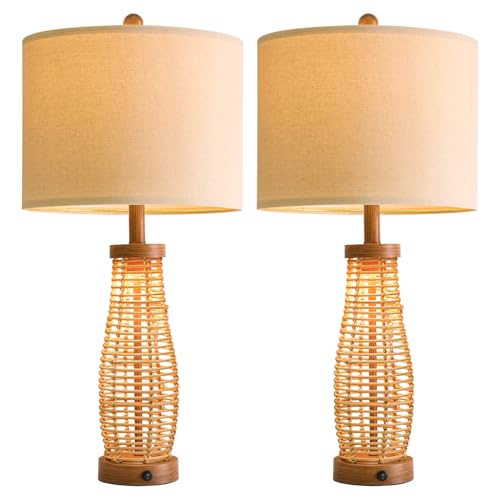 Image of OYEARS 28 inch Table Lamps Set of 2 with Dual Night Lights, Bedside Lamps for Bedroom, Boho Lamp for Living Room, Rattan Table Lamp with Linen Shade, Farmhouse Lamp with Wood Grain Finish (Bulb Included)