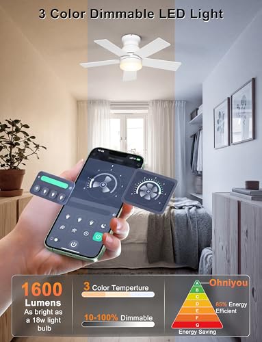 Ohniyou Ceiling Fans with Lights, 32 Inch Low Profile Ceiling Fan with Light and Remote/APP Control, Flush Mount, Dimmable, Quiet DC Motor, White Small Indoor Ceiling Fan for Bedroom, Kitchen — view 4