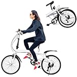 Chynalys 20 Inch Folding Mountain Bike - 6 Speed Adjustable Height for Adult Men, Women and Teens - Lightweight City Bicycle With Double V Brake, White