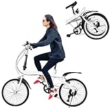 Chynalys 20 Inch Folding Mountain Bike - 6 Speed Adjustable Height for Adult Men, Women and Teens - Lightweight City Bicycle With Double V Brake, White