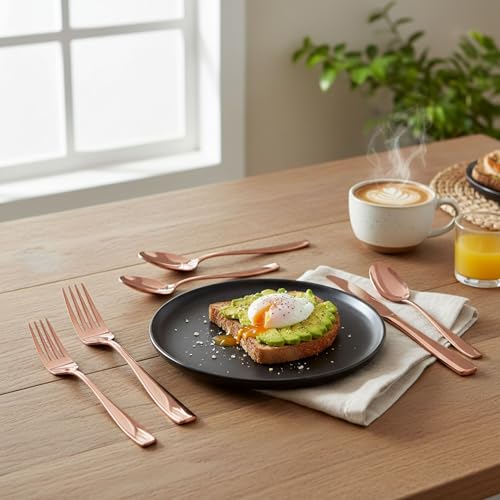 Image of 5 Pcs Rosegold Cutlery Set for Dining Table the Perfect Mirror Polish Hevy Duty Tableware Including Dinner Spoon, Dinner Fork, Dinner Knife, Dessert Spoon & Dessert Fork