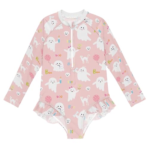Image of Halloween Novelty Ghost Soft Red Baby Girl Bathing Suit Long Sleeve UPF 50+ One Piece Toddler Swimsuit Size 9-10Y