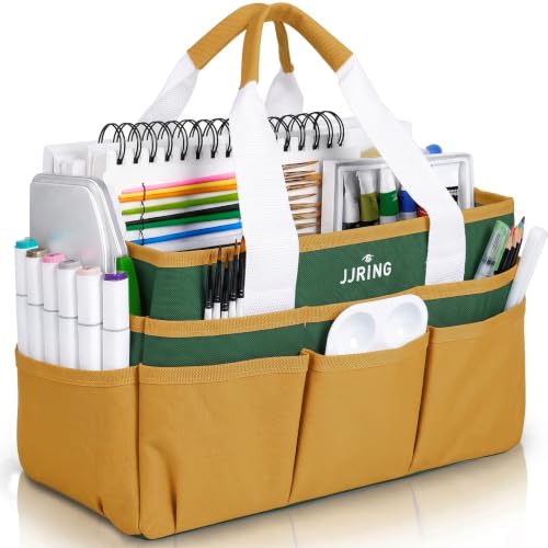 Image of JJRING Craft Organizer Tote Bag Art Storage Caddy Deep Green and Yellow | With Multiple Pockets For Sewing, Scrapbooking, School, Medical, And Office Supplies