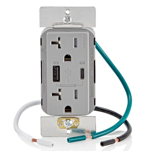 Image of Leviton T5834-G 60W (20V@2.5A+ 5V@2A) USB Dual Type A /Type-C Power Delivery in-Wall Charger with 20A Tamper-Resistant Outlet, USB Charger for Smartphones, Tablets, Laptops, Gray