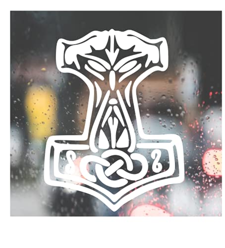 Viking Thor Hammer Vinyl Decal Sticker – Norse Mjolnir Symbol for Car Truck Window Laptop Waterproof 5x4 White