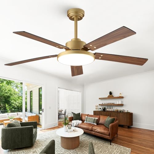 CalorHoga 52 Inch Gold Ceiling Fans with Lights and Remote/APP 12.2 Large 3CCT LED Light Panel Modern Smart Black and Gold Ceiling Fan for Bedroom Living Room ETL Listed 6 Speeds Quiet DC Motor