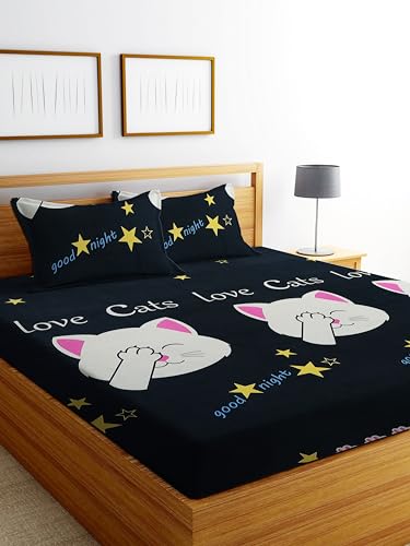 Image of DECORUM Glace Cotton Fitted 1 Bedsheet King Size (72 inchx78 inch) | All Around Elastic | Cotton Feel | 2 Pillow Covers (17 inchx27 inch) | Fits Up to 8 inch Mattress | 200-220 TC | Printed Double Bed Sheet Set