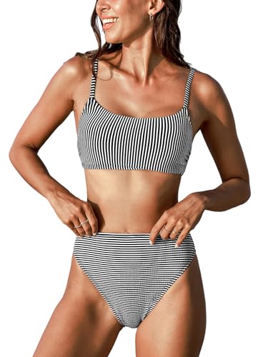 CUPSHE Damen-Bikini-Set, zweiteilig, hohe Taille, gerippte Textur, breiter Saum, Schwarz/Streifen, Medium