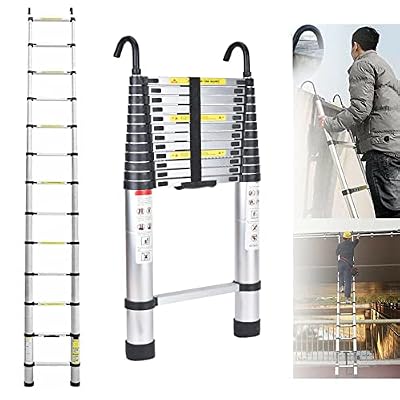 Aluminum Telescoping Ladder 16ft Extension Ladder with 2 Detachable Roof Hooks Folding Ladder Multi-Purpose Compact Telescopic Ladder 330lb Load Capacity Heavy Duty Portable Loft Ladder for Home attic