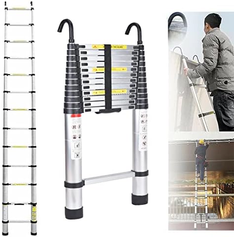Aluminum Telescoping Ladder 16ft Extension Ladder with 2 Detachable Roof Hooks Folding Ladder Multi-Purpose Compact Telescopic Ladder 330lb Load Capacity Heavy Duty Portable Loft Ladder for Home attic