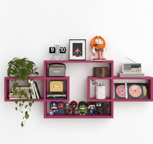 Image of Wooden Wall Shelves for Living Room, Bedroom Wall Mounted Rectangle Bookcase, Intersecting Wall Shelves for Storage Modern Decorative Display Shelves for Wall Decor (Pink)