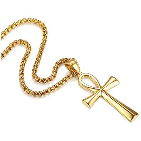 REVEMCN Men's Stainless Steel Black Gold Silver Coptic Ankh Cross Pendant Chain Necklace for Men Women Egyptian Religious jewelry Gifts, 20-24 Inches Box Chain (22 Inches Chain, Gold: 1.57'' * 0.98'') Cover