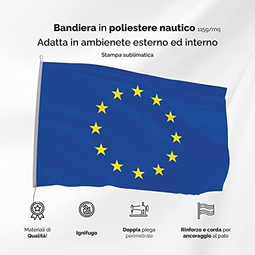 Bandiera EUROPA 200x300 cm in poliestere NAUTICO 115 gr/mq con doppia piega perimetrale, corda e guaina. Adatta sia IN/OUT DOOR