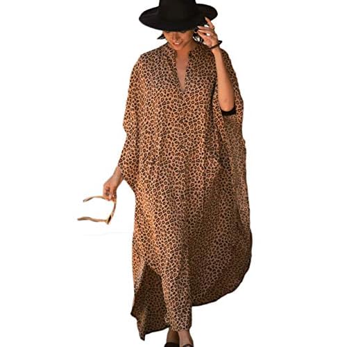 Eddoyee Womens Long Bathing Suit Coverups Loose Plus Size Beach Kaftan Dresses Leopard Print