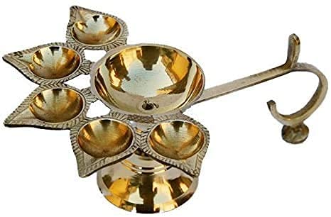 SAI MART Brass 4.5 inch Panchmukhi Deepak Aarti Oil Lamp Hindu Puja Five Face Jyoti Diya Stand for Pooja Mandir Decorative