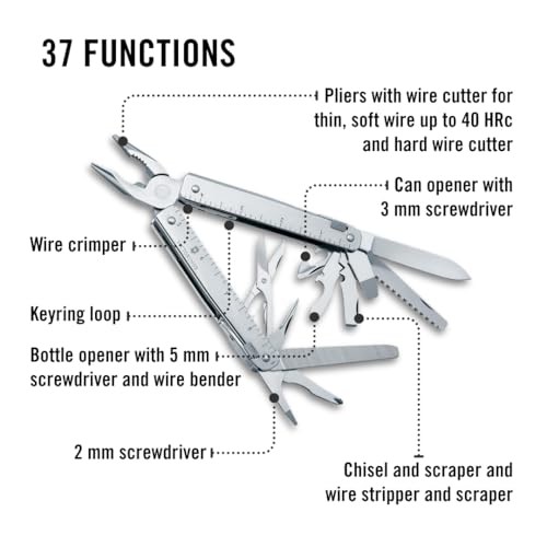 Image of Victorinox Swiss Tool X Plus Ratchet, 35 Function Multi-Tool - Silverr | Swiss made pocket tool with needle-nose pliers, wire cutter, crate opener, metal saw, and bit wrench in a leather pouch