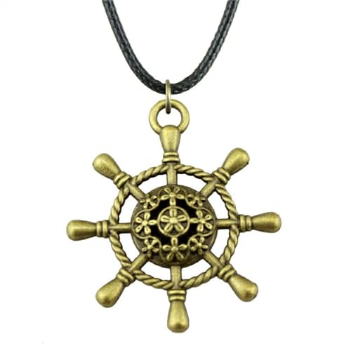 Pendentif gouvernail collier en cuir noir et bronze de style marin rétro