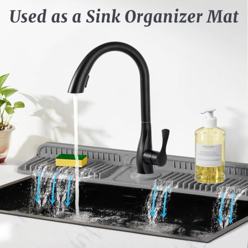 Image of PoYang 24 inch Faucet Mat for Kitchen Sink Splash Guard, 7 Slope Silicone Sink Water Splash Guard for Kitchen Sink Area with Snap Button, Longer Sink Protectors for kitchen Sink Sponge Holder, Grey