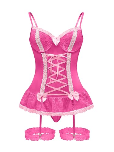Image of Foxiny Sexy Mesh Corset Ruffle Lace Up Underwire Sheer Garter Belt Babydoll Lingerie Set With Thong 3 Piece Women