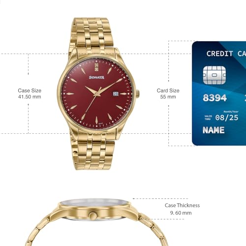 Image of Sonata Jashn with Quartz Analog Red Dial Gold Strap Men and Women (Pair) Wedding Watch - 7721087125YM03