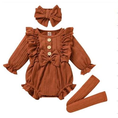 Image of Kodaruber Newborn Baby Girl Outfit Clothes Ruffle Long Sleeve Sweater Romper+Headband+Socks Fall Winter Outfits for Girls