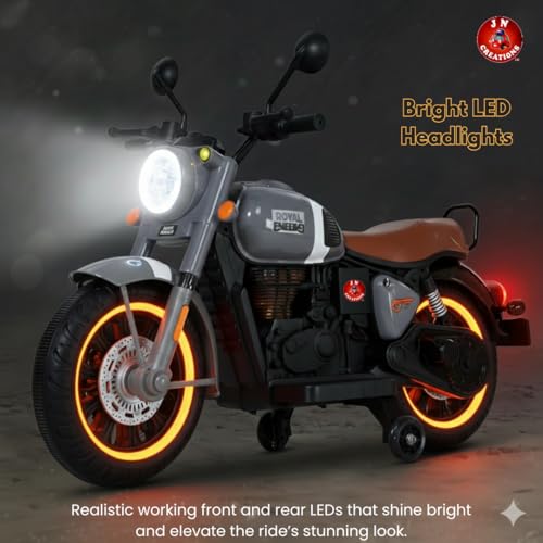 Image of BRoyal Enfield 12V Battery Operated Ride-On Classic-350 Bike for Kids | Rechargeable Electric Bike with LED Lights, Music & Horn | Ages 2-8 Years (Grey)