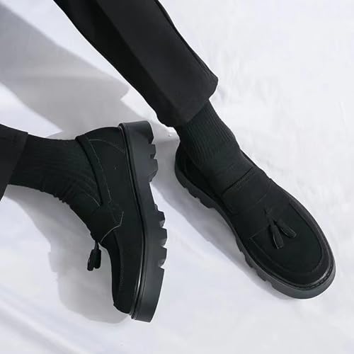 Men's Suede Tassel Platform Round Toe Casual Loafers Classic Retro Lug Sole Non Slip Chunky Heel Dress Business Penny Loafers for Party Formal Work Wedding 6